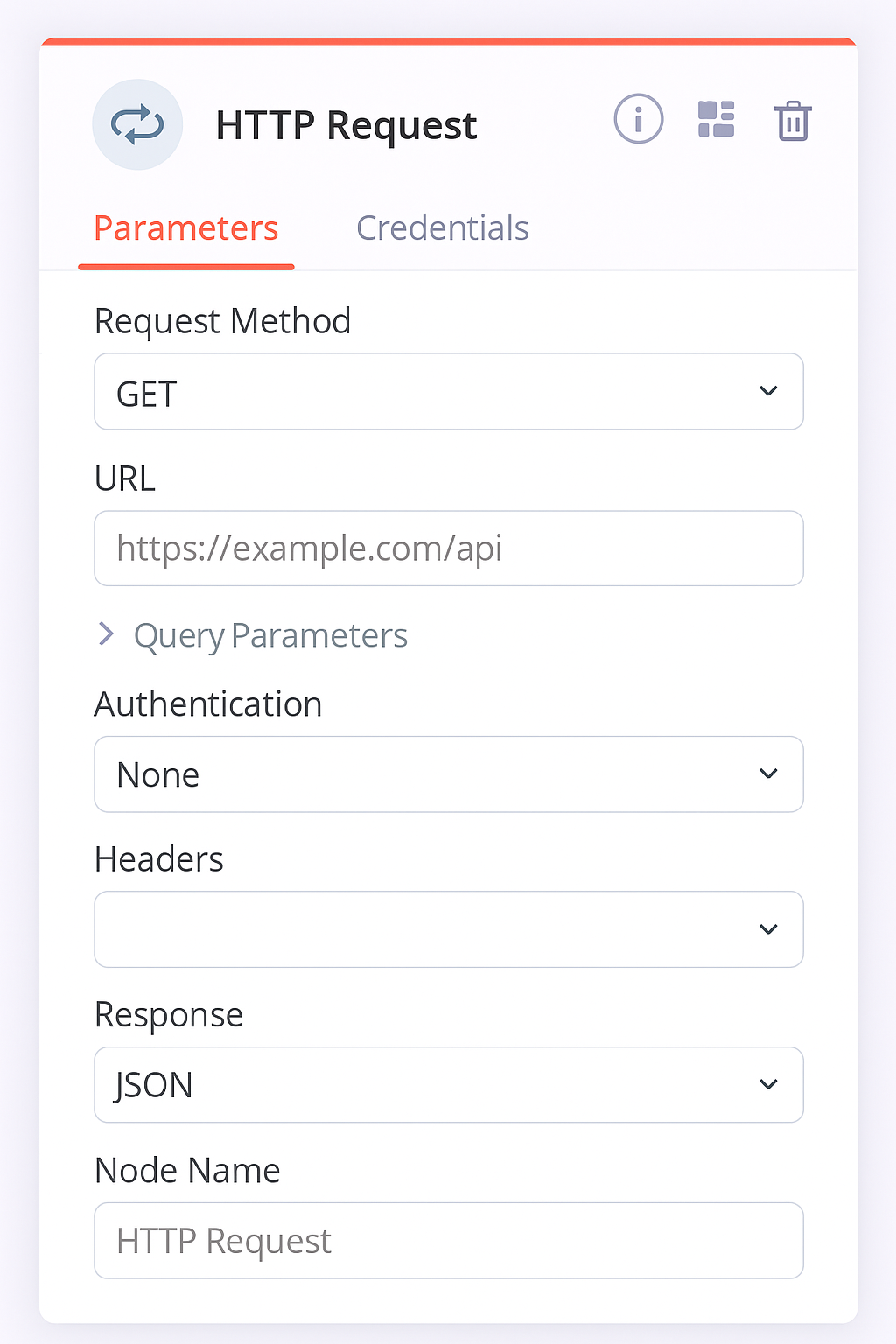 n8n-request-node-http n8n HTTP Request Node settings panel with method, URL, and headers